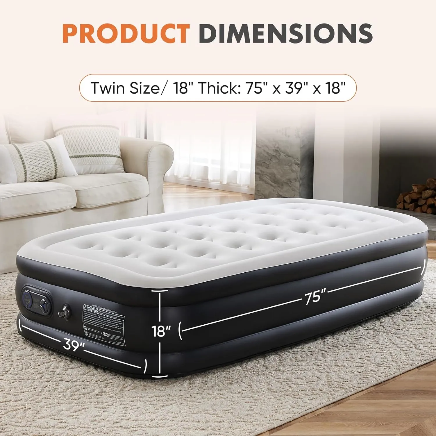 Twin Air Mattress with Built-in Pump - 18" Heavy-Duty Inflatable Bed, 660lbs Capacity & Ultra-Quiet Operation | Portable Guest Mattress for Home/Camping, Quick Inflation & Compact Storage (Black)