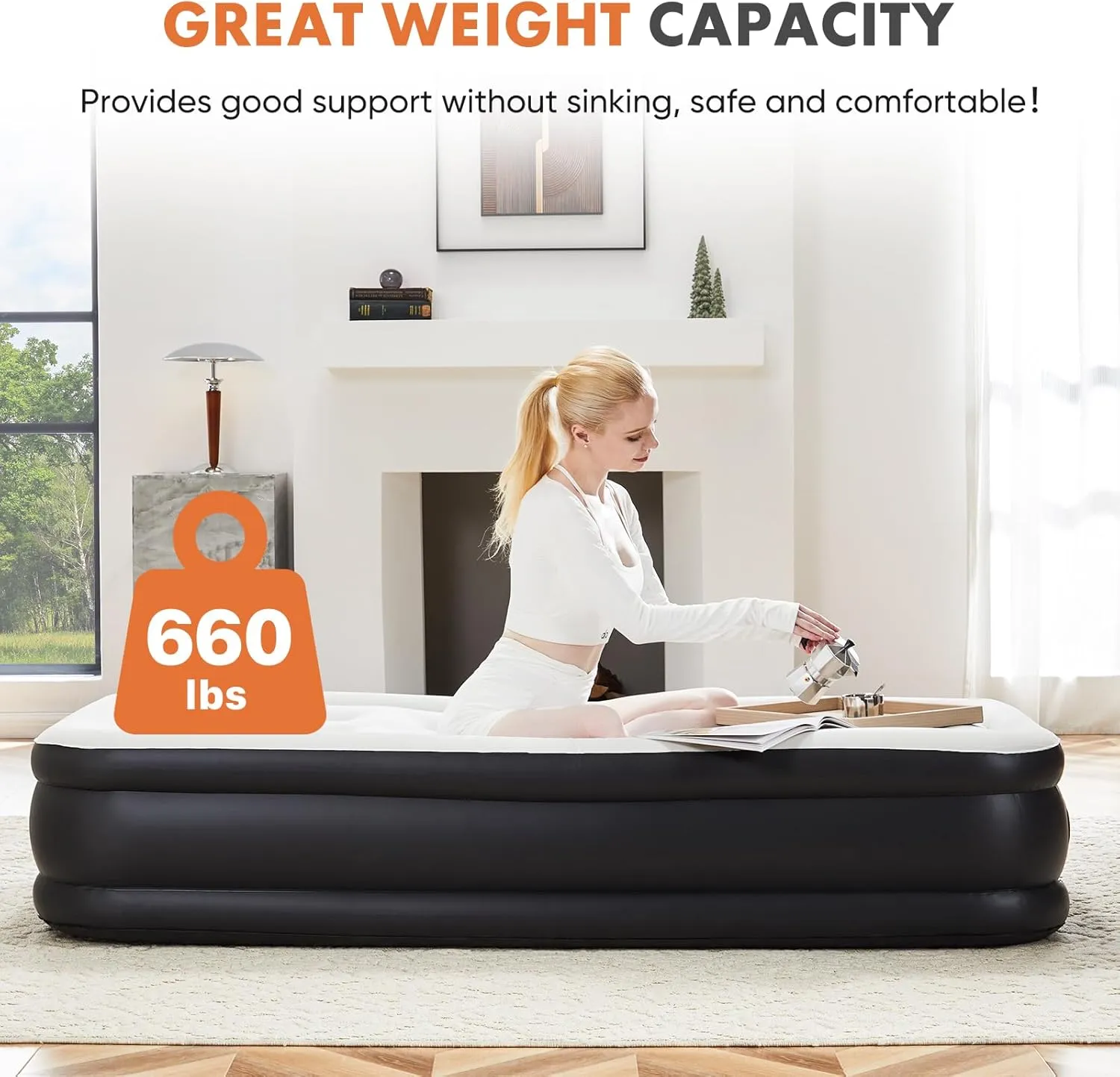 Twin Air Mattress with Built-in Pump - 18" Heavy-Duty Inflatable Bed, 660lbs Capacity & Ultra-Quiet Operation | Portable Guest Mattress for Home/Camping, Quick Inflation & Compact Storage (Black)