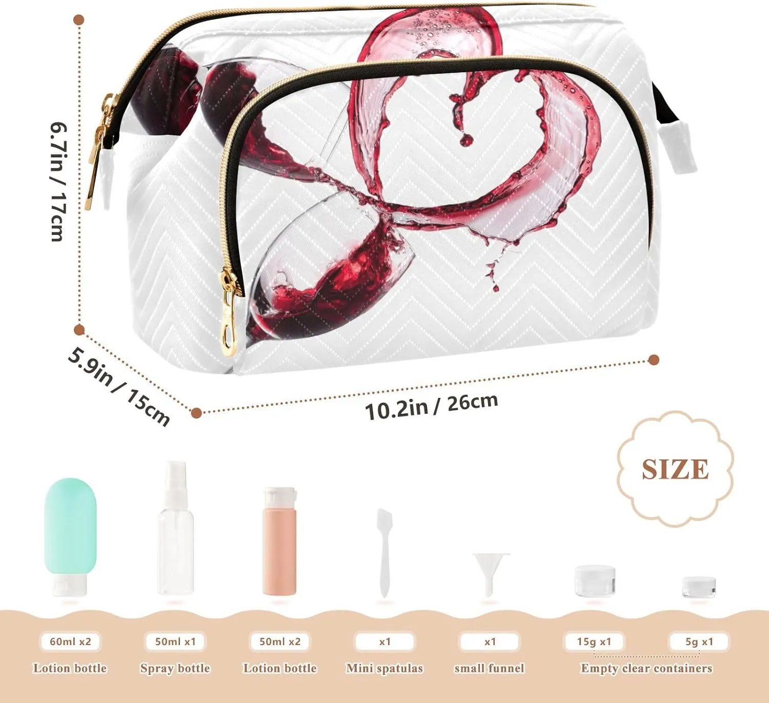 Two Red Wine Glasses with Heart over White Background Women Cosmetic Bag Makeup Bag Stylish Trip Beauty Bag Travel Toiletry Bag with Bottle Organizer 10.2 x 5.9 x 6.7 inch