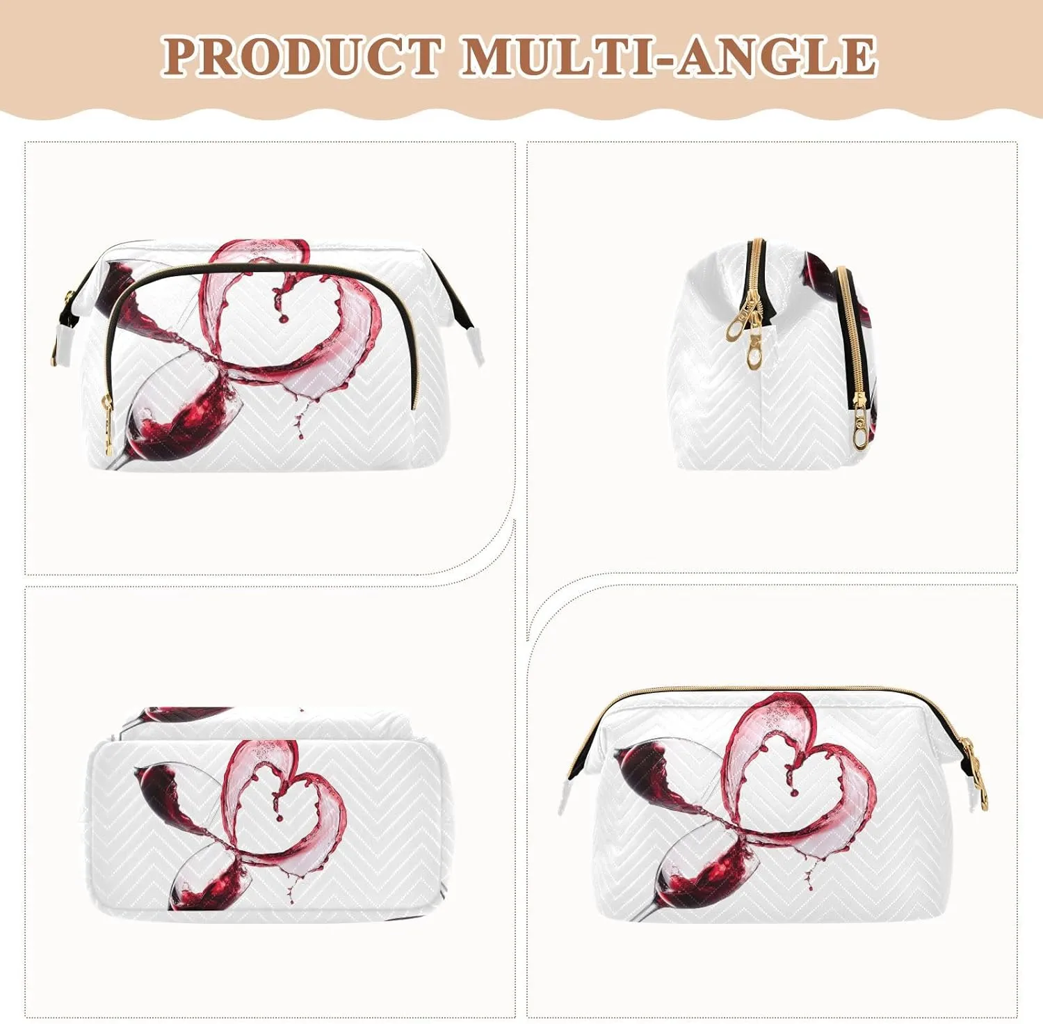 Two Red Wine Glasses with Heart over White Background Women Cosmetic Bag Makeup Bag Stylish Trip Beauty Bag Travel Toiletry Bag with Bottle Organizer 10.2 x 5.9 x 6.7 inch