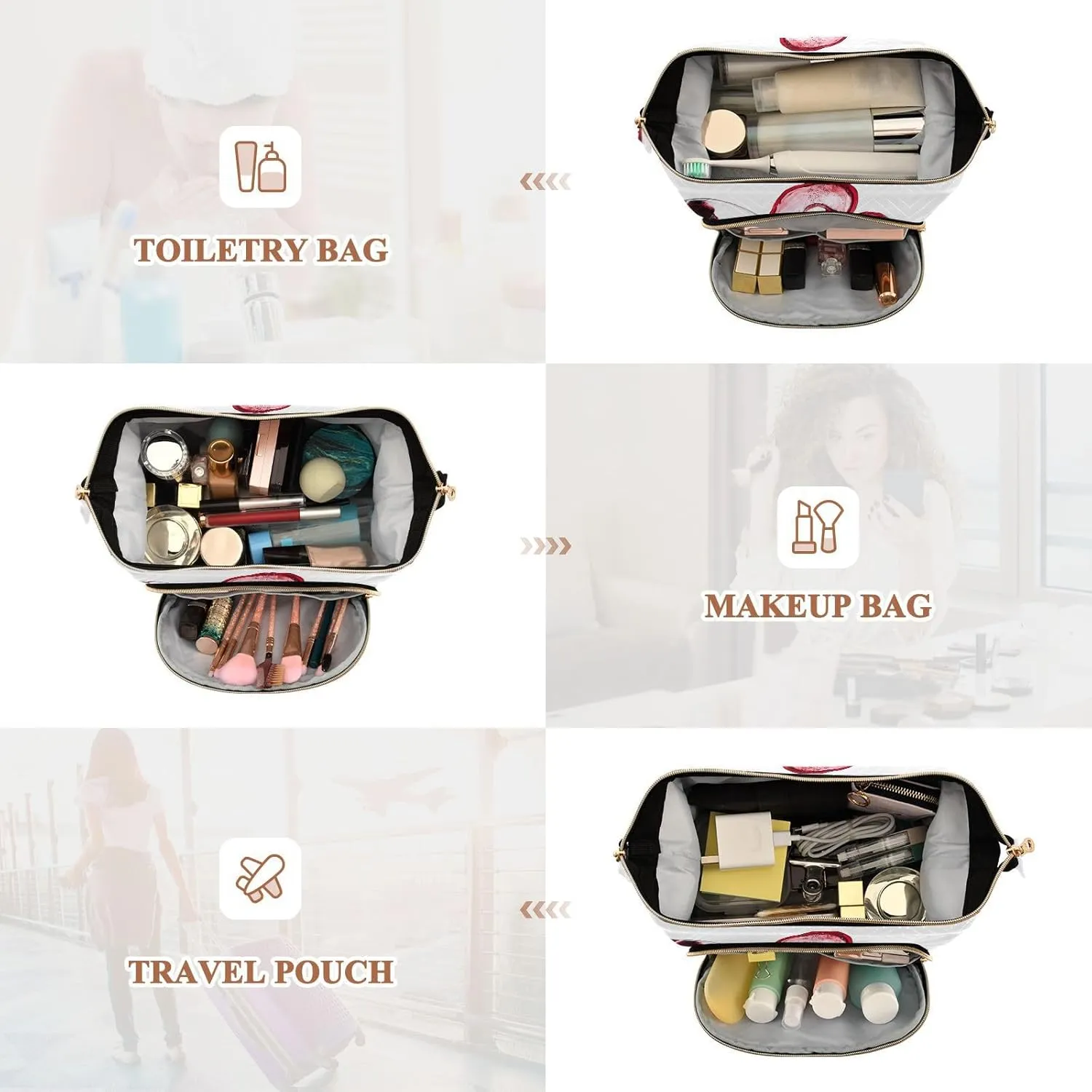 Two Red Wine Glasses with Heart over White Background Women Cosmetic Bag Makeup Bag Stylish Trip Beauty Bag Travel Toiletry Bag with Bottle Organizer 10.2 x 5.9 x 6.7 inch
