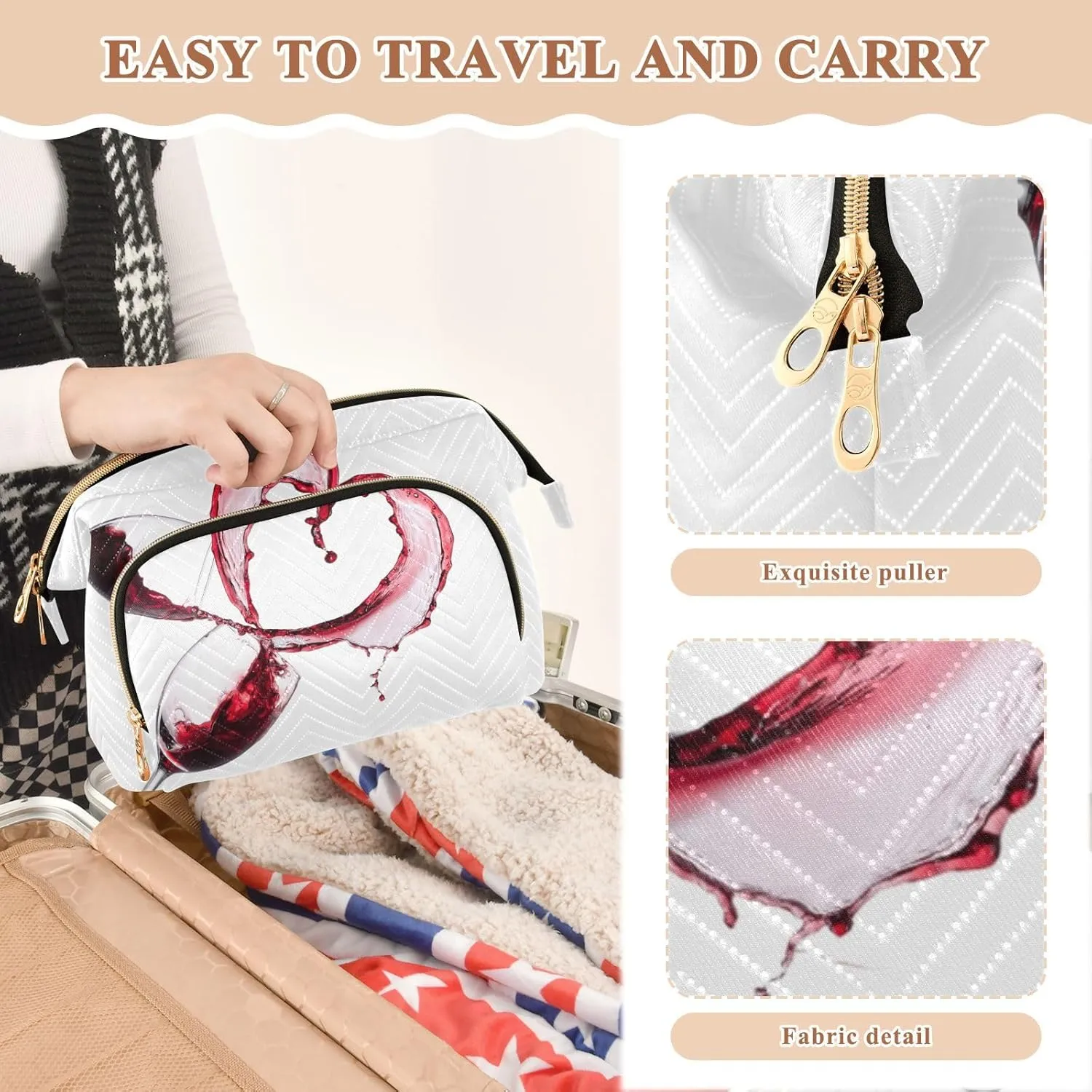 Two Red Wine Glasses with Heart over White Background Women Cosmetic Bag Makeup Bag Stylish Trip Beauty Bag Travel Toiletry Bag with Bottle Organizer 10.2 x 5.9 x 6.7 inch