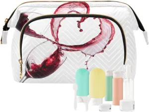 Two Red Wine Glasses with Heart over White Background Women Cosmetic Bag Makeup Bag Stylish Trip Beauty Bag Travel Toiletry Bag with Bottle Organizer 10.2 x 5.9 x 6.7 inch