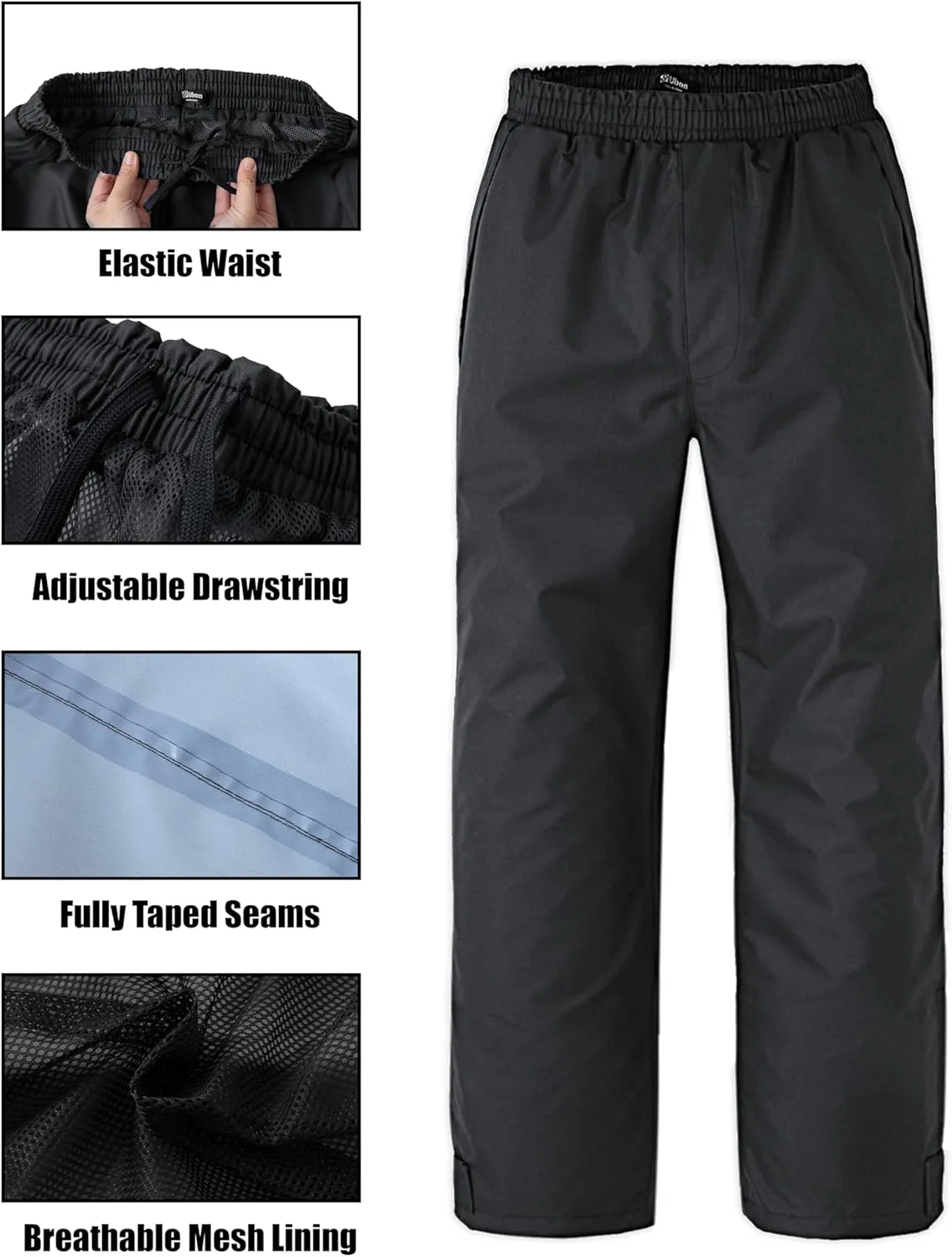 Ubon Men's Black Waterproof Rain Pants, Packable Golf Hiking Pants