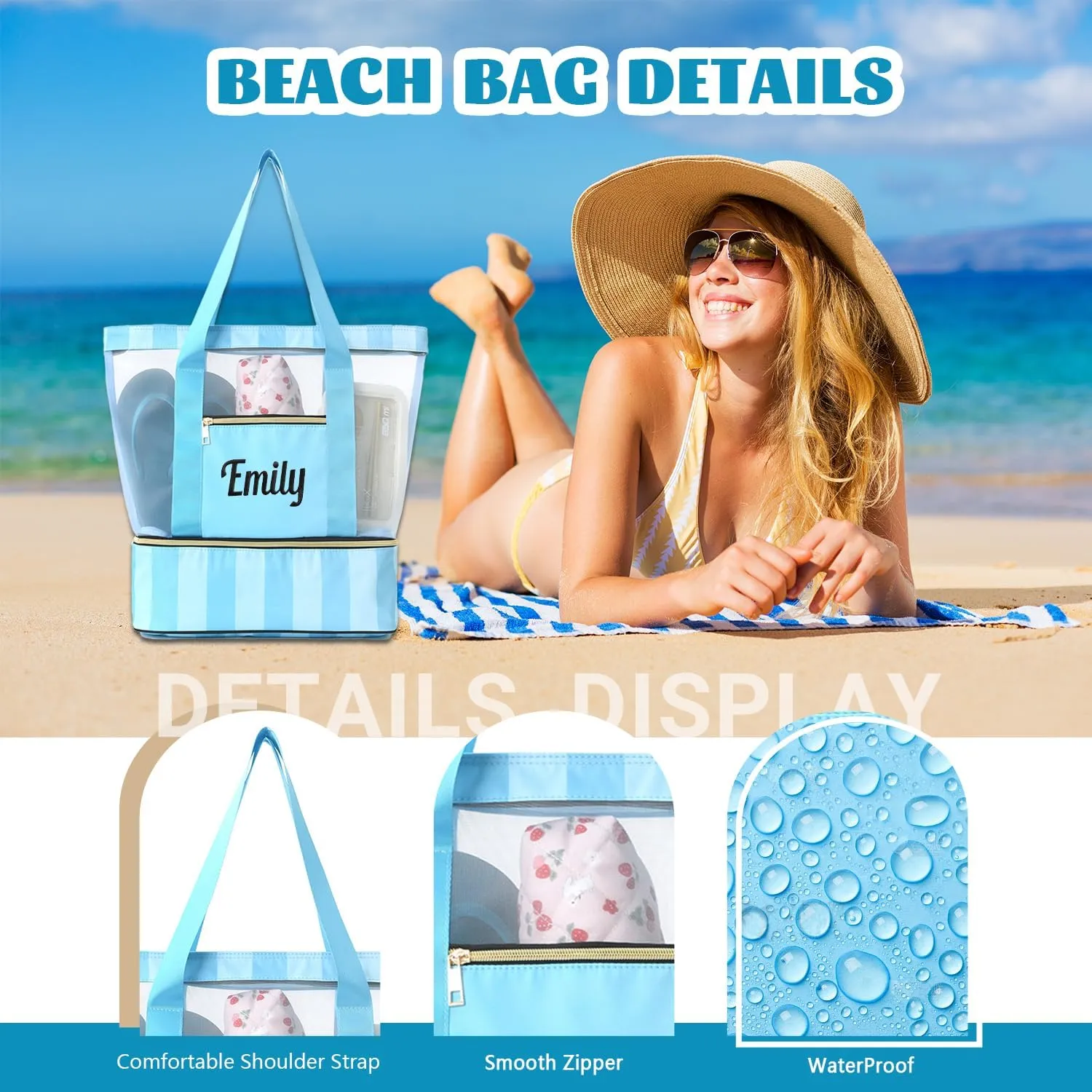 Ulico Personalzied Insulated Beach Bag,Custom Cooler Tote Bag Compartment,Detachable Picnic Pool Bag with Zipper for Women
