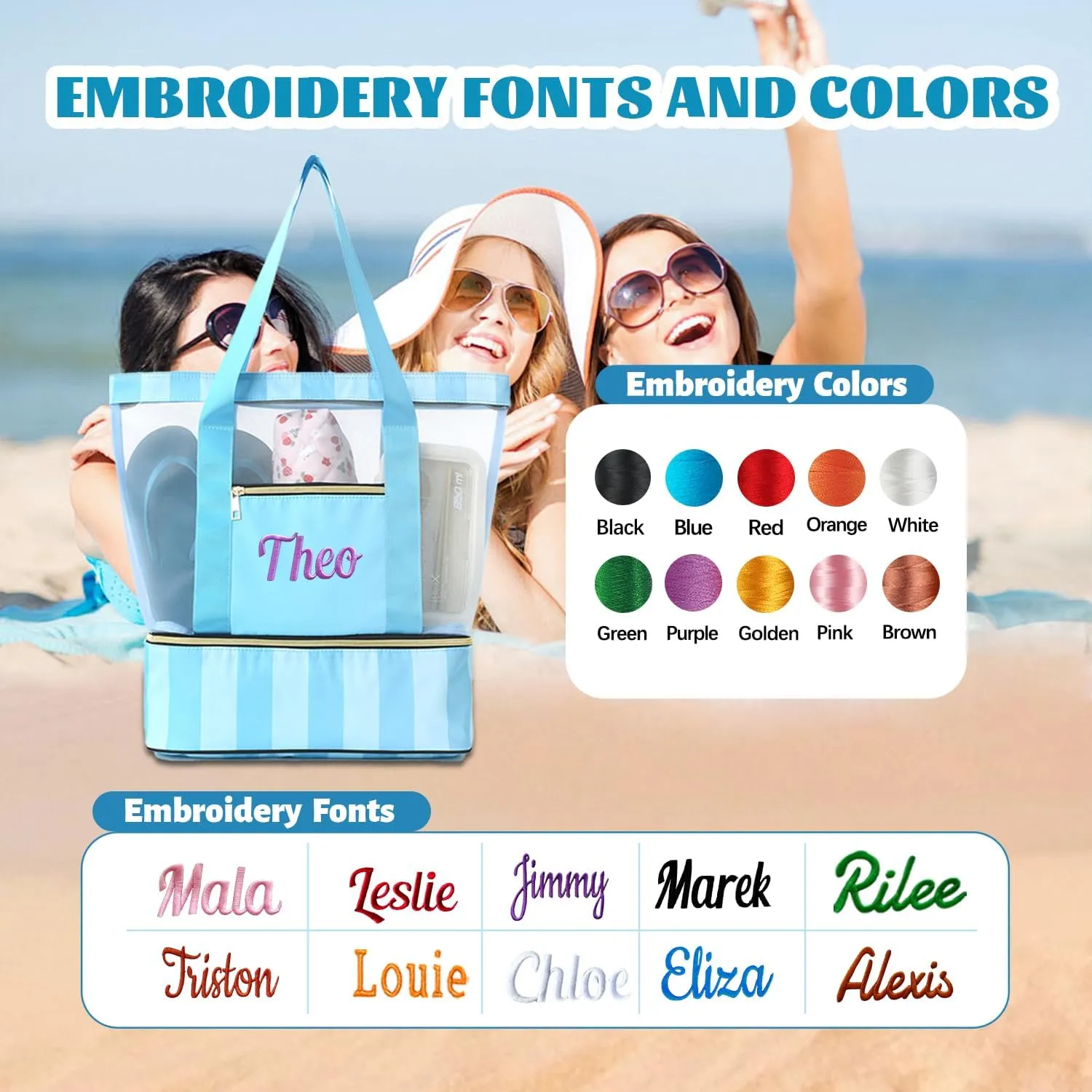 Ulico Personalzied Insulated Beach Bag,Custom Cooler Tote Bag Compartment,Detachable Picnic Pool Bag with Zipper for Women