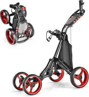 ULTIMATE 4 Wheel Golf Push Cart, Lightweight Folding Golf Trolley Roller w/Scorecard/Cup/Umbrella/Golf Bag Holder & Cooler Bag, Upper Bracket w/Elastic Strap, Foot Brake & Adjustable Handle