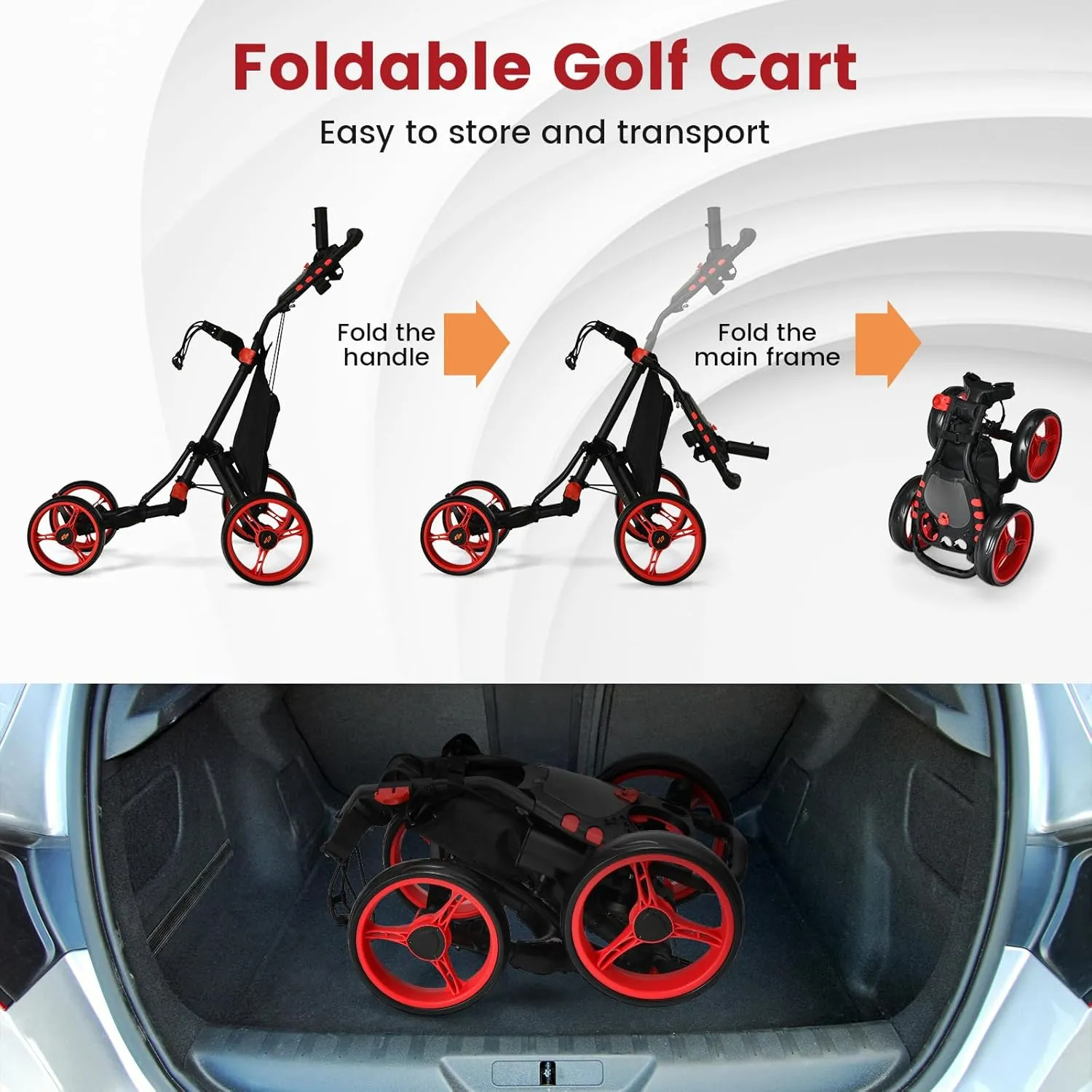 ULTIMATE 4 Wheel Golf Push Cart, Lightweight Folding Golf Trolley Roller w/Scorecard/Cup/Umbrella/Golf Bag Holder & Cooler Bag, Upper Bracket w/Elastic Strap, Foot Brake & Adjustable Handle
