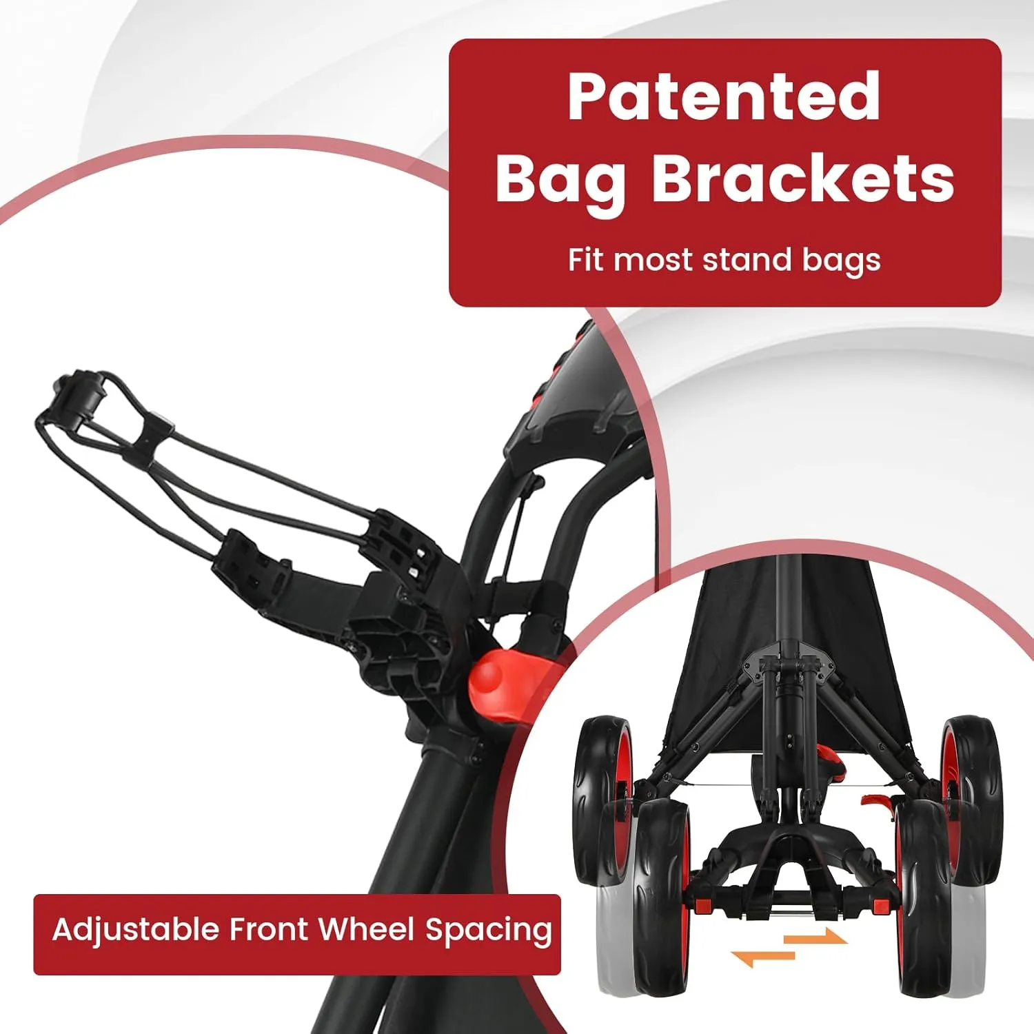 ULTIMATE 4 Wheel Golf Push Cart, Lightweight Folding Golf Trolley Roller w/Scorecard/Cup/Umbrella/Golf Bag Holder & Cooler Bag, Upper Bracket w/Elastic Strap, Foot Brake & Adjustable Handle