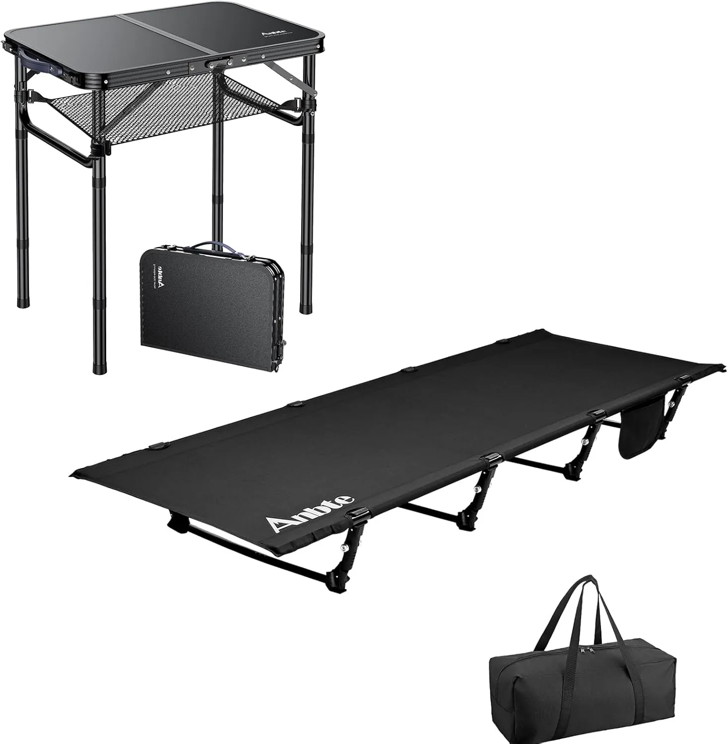 Ultralight Camping Cot Save Effort, Comfortable Camping Bed Supports 350 Lbs with Side Pocket & Folding Camping Table, Aluminum 24" x 16" Adjustable Height