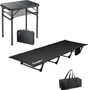 Ultralight Camping Cot Save Effort, Comfortable Camping Bed Supports 350 Lbs with Side Pocket & Folding Camping Table, Aluminum 24" x 16" Adjustable Height