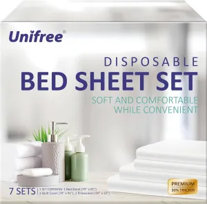 UNIFREE 7 Sets Disposable Bed Sheets Travel Sheets for Hotel,Portable Bedding Cover Bedspread, Disposable Bedding Set (79" *91")
