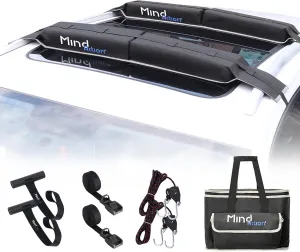 Universal Car Soft Roof Rack for Kayak/Canoe/Surfboard/SUP/Snowboard,Roof Rack Pads Include 2 16FT Tie Down Straps,2 Ratchet Pulley Ropes,2 Hood Loops and Storage Bag （Without or with Crossbar）