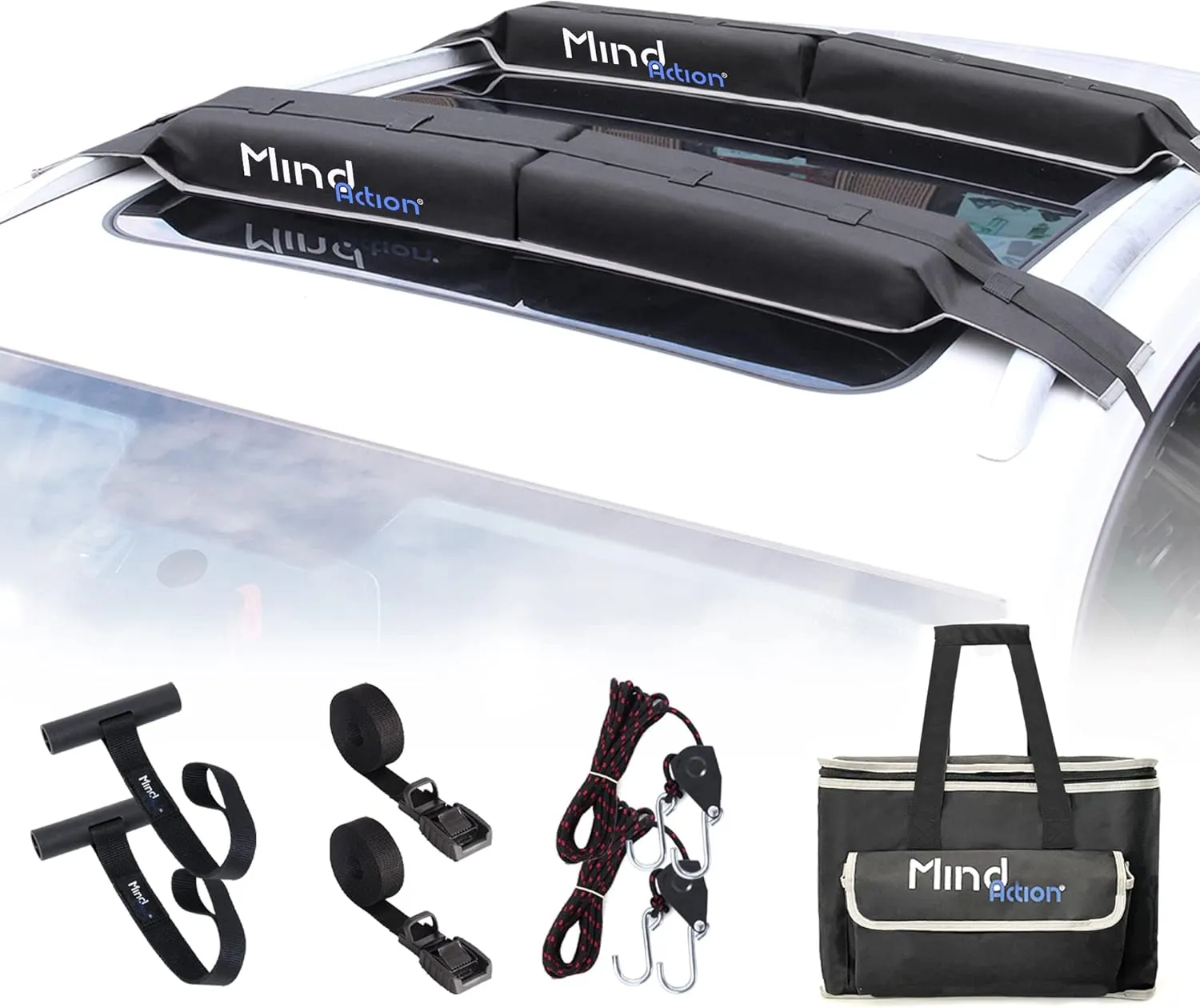 Universal Car Soft Roof Rack for Kayak/Canoe/Surfboard/SUP/Snowboard,Roof Rack Pads Include 2 16FT Tie Down Straps,2 Ratchet Pulley Ropes,2 Hood Loops and Storage Bag （Without or with Crossbar）
