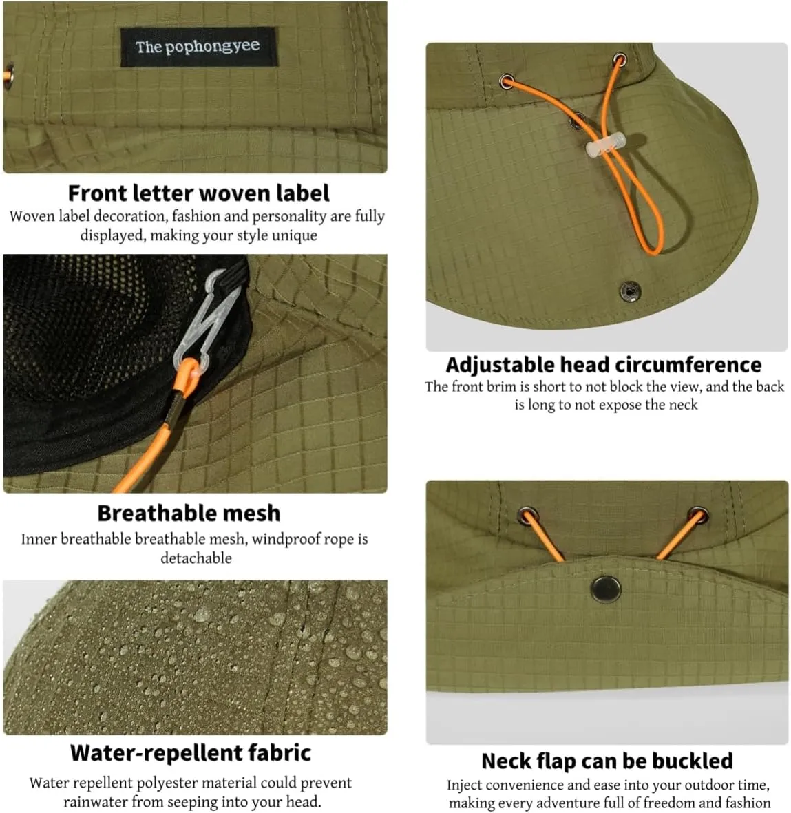 Unsex Outdoor Sun Hat Waterproof Bucket Hat with Chin Strap Quick Dry Packable UV Protection
