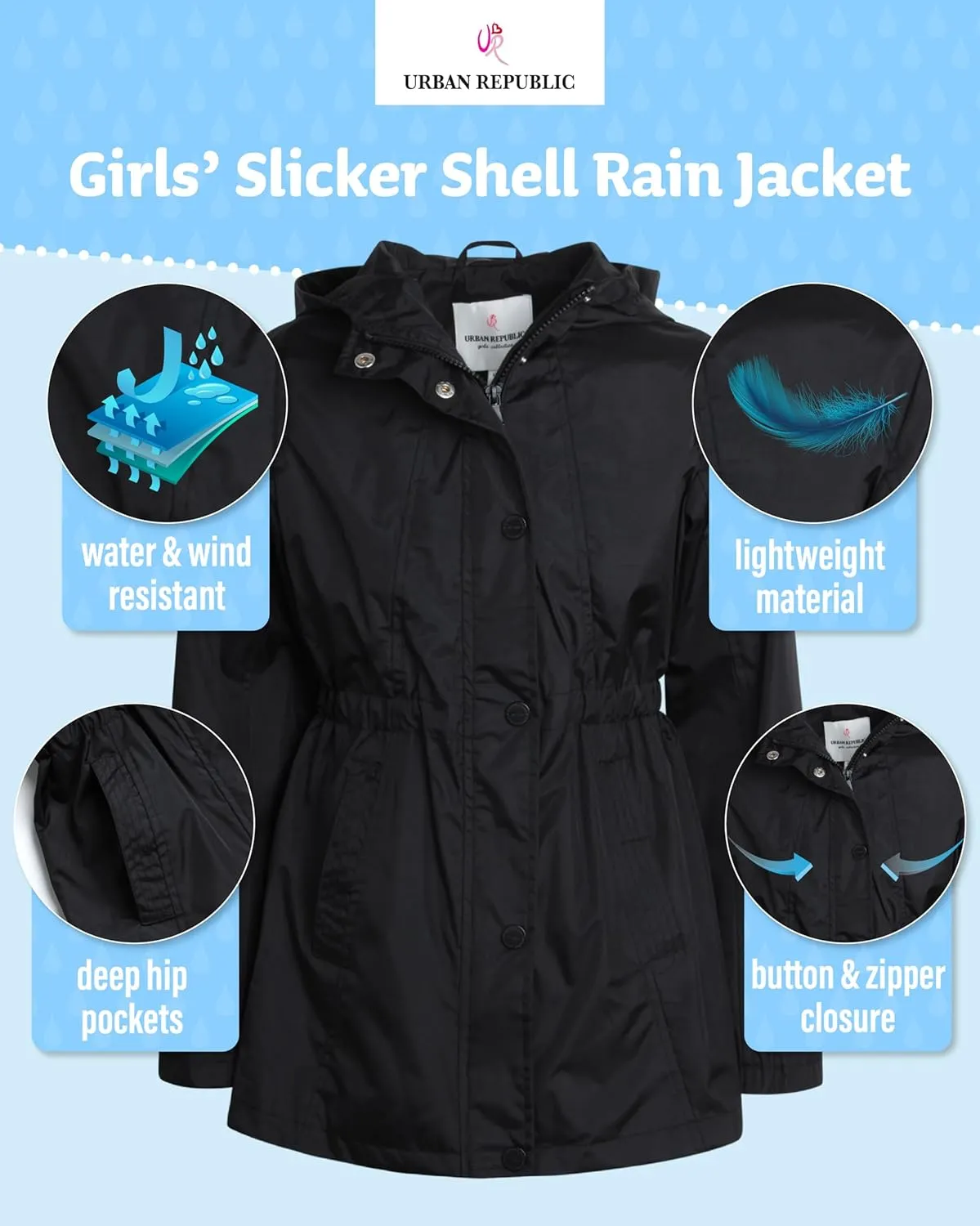 URBAN REPUBLIC Girls Rain Jacket - Lightweight Raincoat for Girls Slicker Shell Windbreaker Hooded Kids Raincoat (Size 7-16)