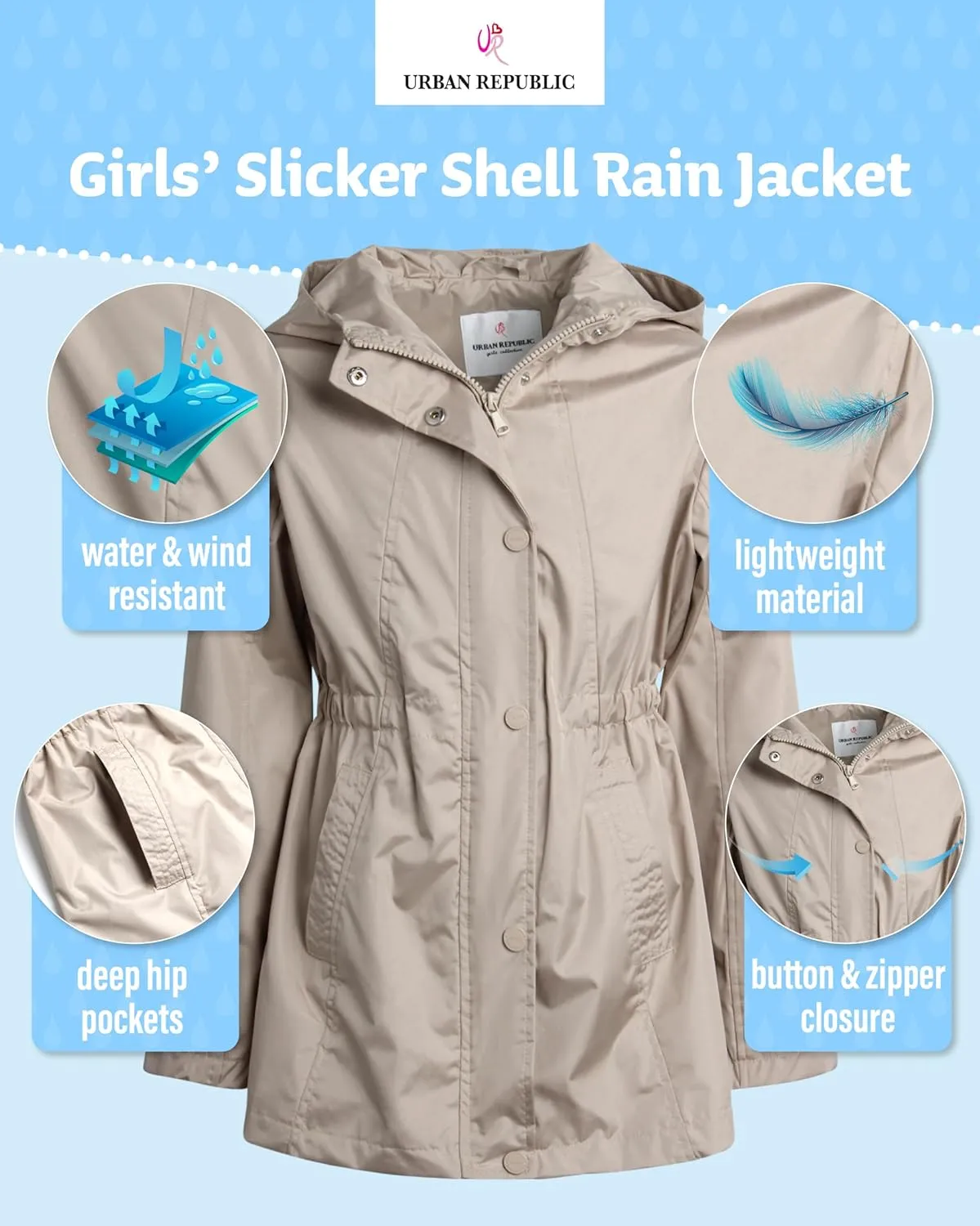 URBAN REPUBLIC Girls Rain Jacket - Lightweight Raincoat for Girls Slicker Shell Windbreaker Hooded Kids Raincoat (Size 7-16)