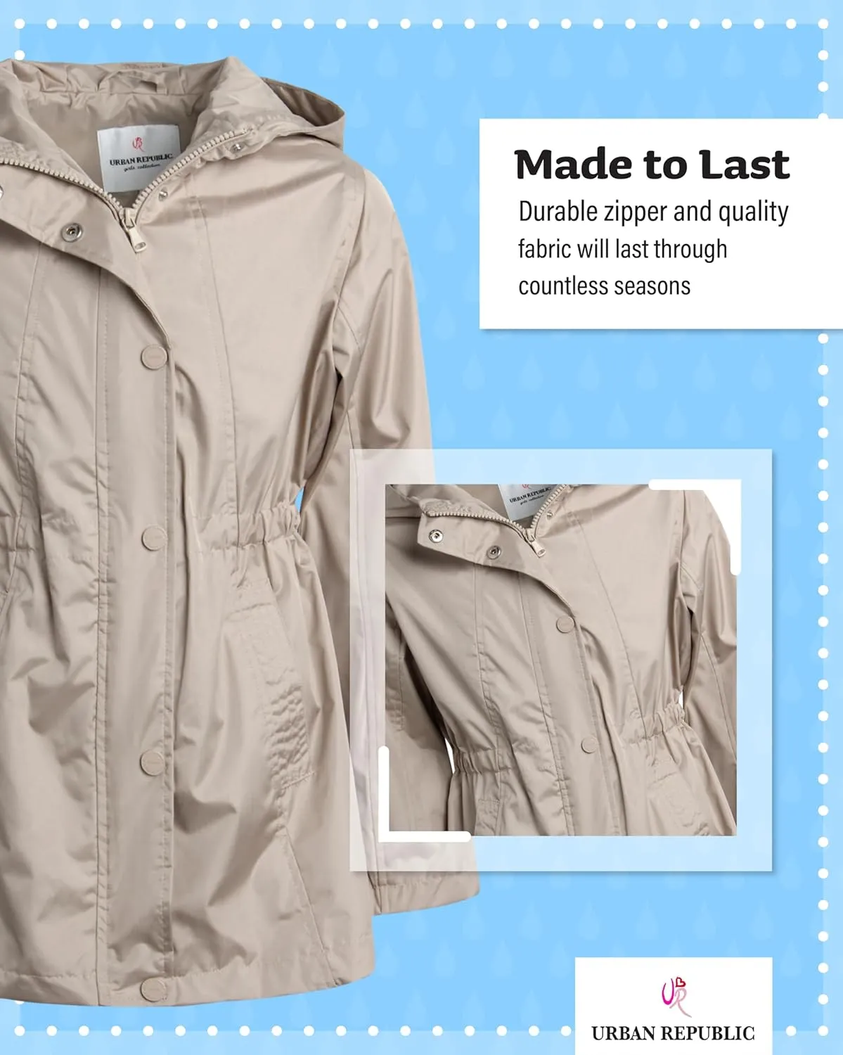 URBAN REPUBLIC Girls Rain Jacket - Lightweight Raincoat for Girls Slicker Shell Windbreaker Hooded Kids Raincoat (Size 7-16)