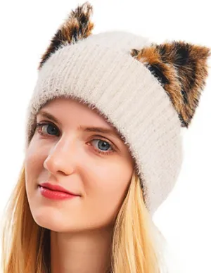 Urieo Winter Knitted Beanie Hat Leopard Cat Ear Black Winter Hats Elaistic Cuffed Knit Cap for Women