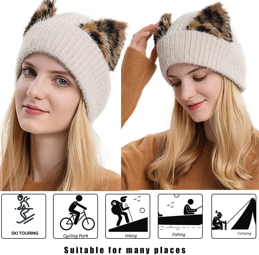 Urieo Winter Knitted Beanie Hat Leopard Cat Ear Black Winter Hats Elaistic Cuffed Knit Cap for Women