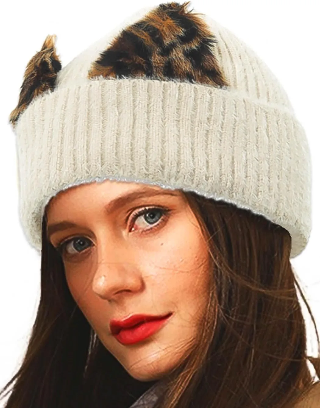 Urieo Winter Knitted Beanie Hat Leopard Cat Ear Black Winter Hats Elaistic Cuffed Knit Cap for Women