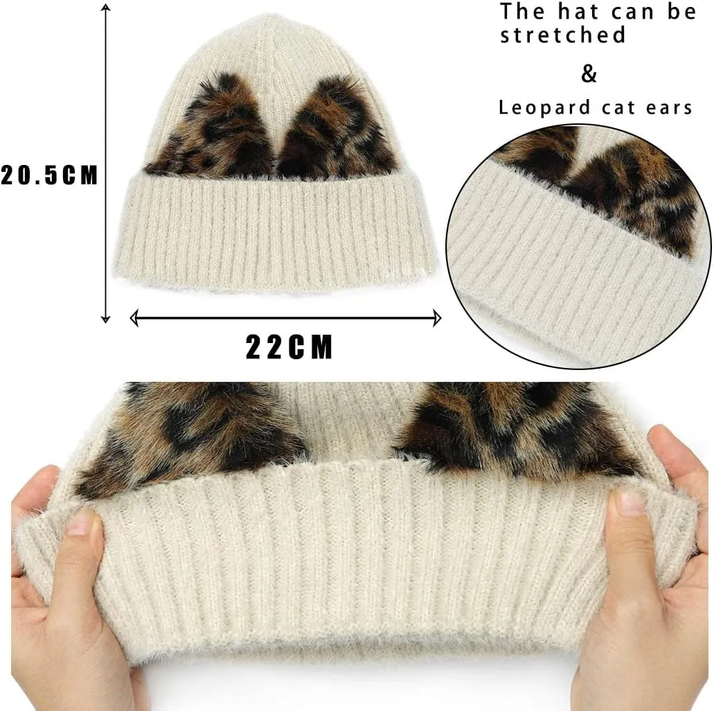 Urieo Winter Knitted Beanie Hat Leopard Cat Ear Black Winter Hats Elaistic Cuffed Knit Cap for Women