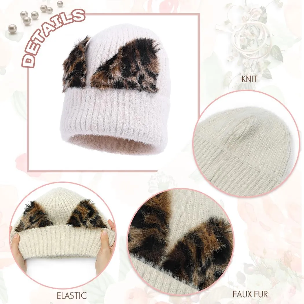 Urieo Winter Knitted Beanie Hat Leopard Cat Ear Black Winter Hats Elaistic Cuffed Knit Cap for Women