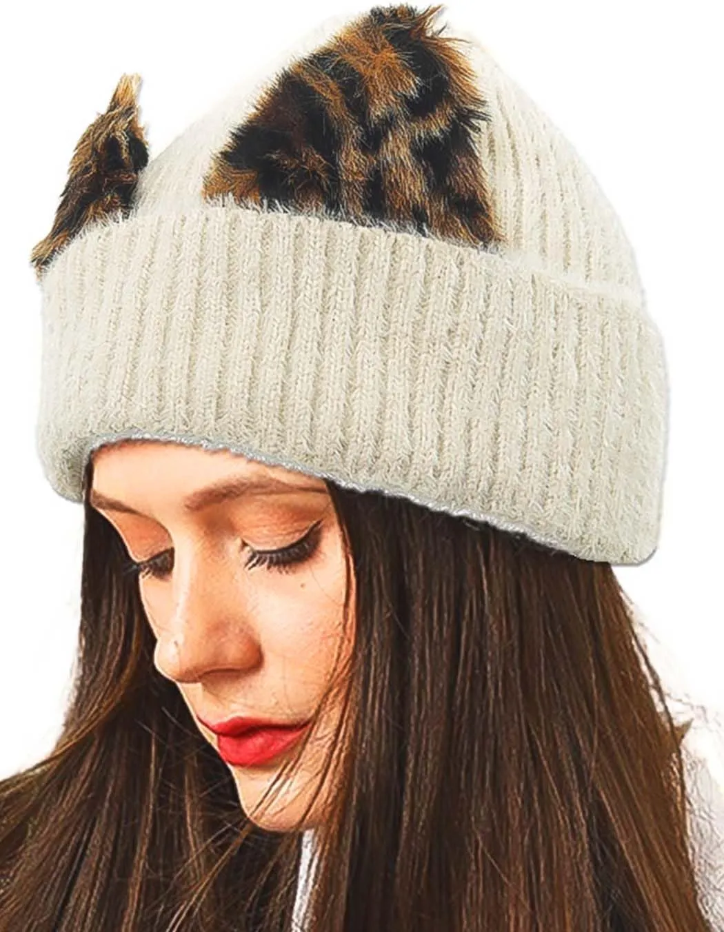 Urieo Winter Knitted Beanie Hat Leopard Cat Ear Black Winter Hats Elaistic Cuffed Knit Cap for Women