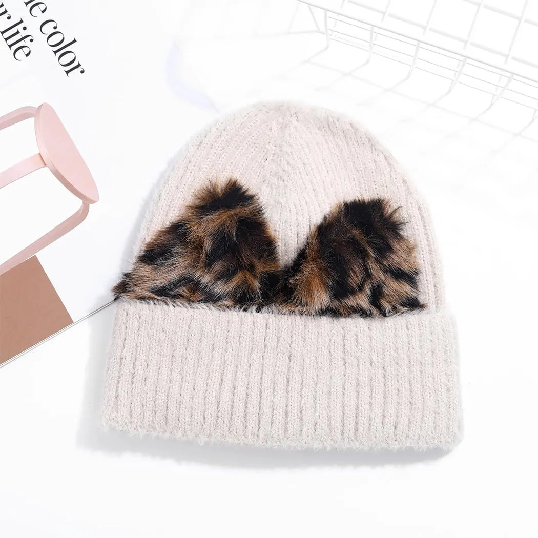 Urieo Winter Knitted Beanie Hat Leopard Cat Ear Black Winter Hats Elaistic Cuffed Knit Cap for Women