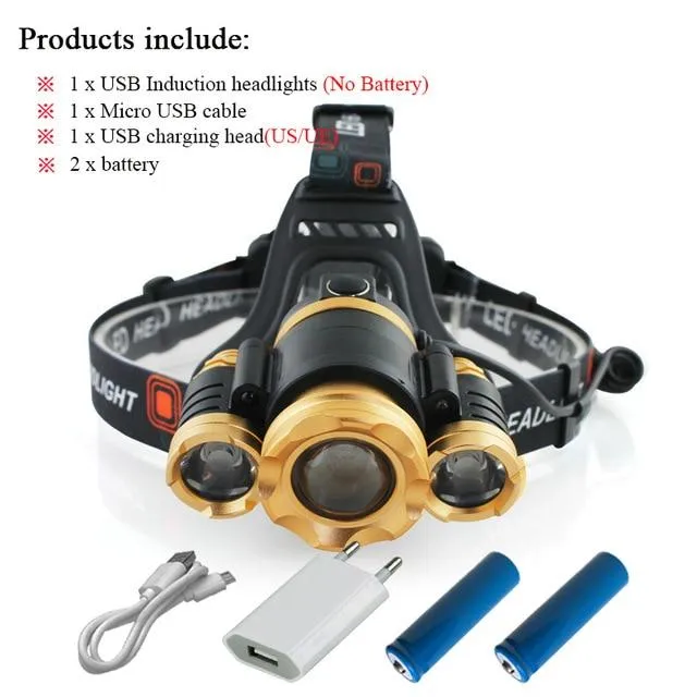 usb sensor headlight CREE xml t6 led headlampzoom 18650 charge battery camping pesca head torch head lamp hoofdlamp linterna