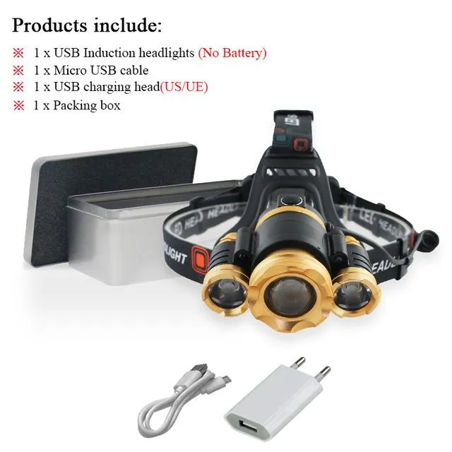 usb sensor headlight CREE xml t6 led headlampzoom 18650 charge battery camping pesca head torch head lamp hoofdlamp linterna