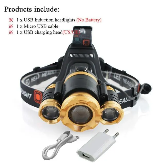 usb sensor headlight CREE xml t6 led headlampzoom 18650 charge battery camping pesca head torch head lamp hoofdlamp linterna