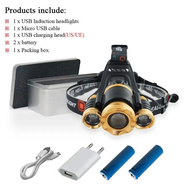 usb sensor headlight CREE xml t6 led headlampzoom 18650 charge battery camping pesca head torch head lamp hoofdlamp linterna
