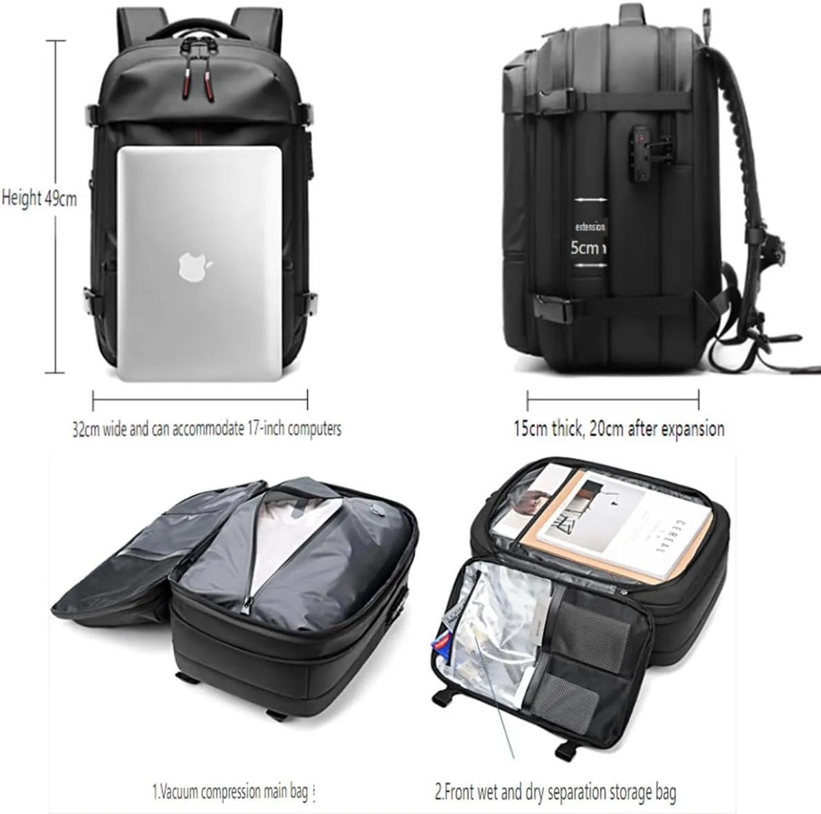 Vacpack Backpack, 60L Expandable Vacpack Travel Backpack, Water Resistant, Anti Theft Vacpack Travel Vacuum Backpack