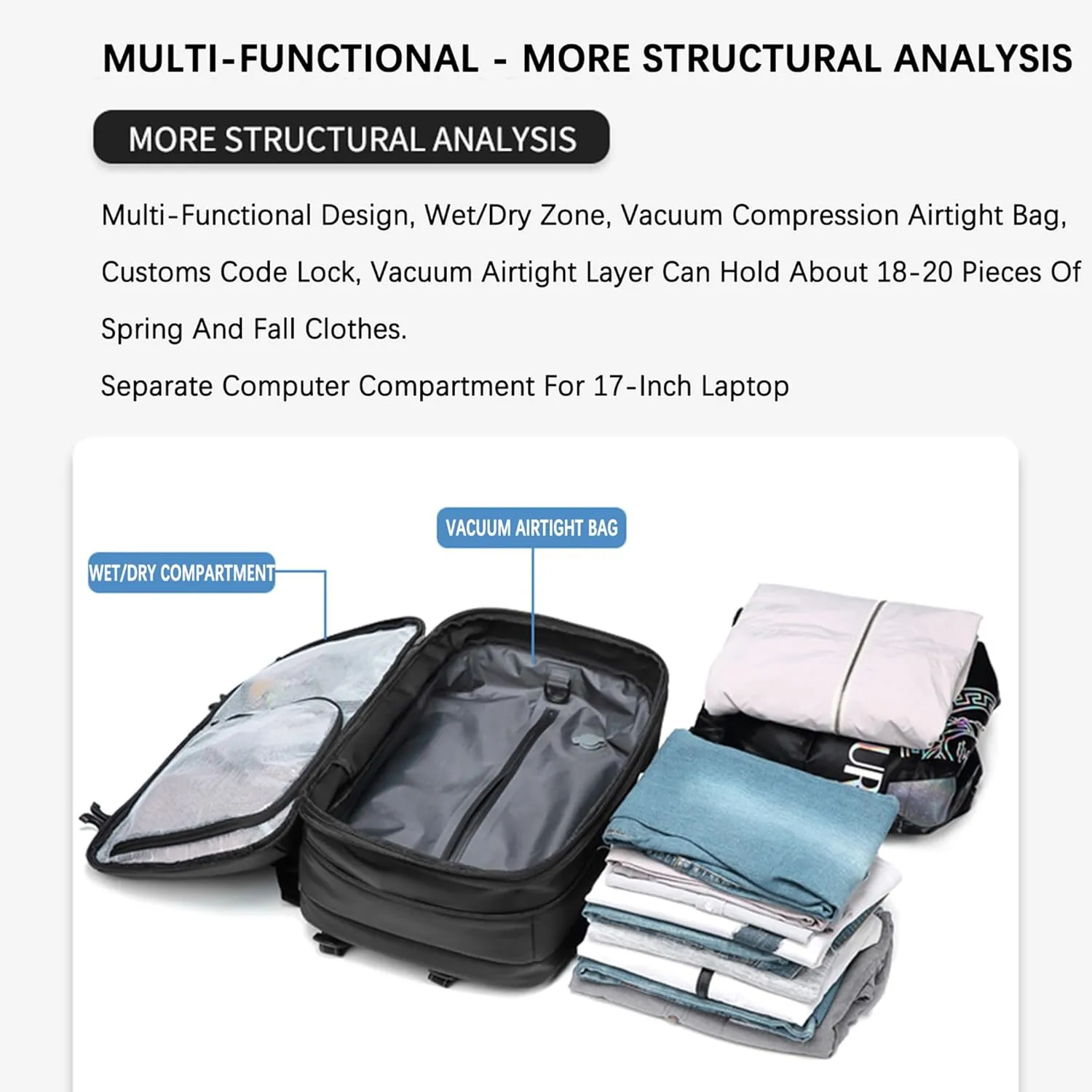 Vacuum Backpack Travel, 60L Airback Backpack, Waterproof with TSA Lock, Compression Feature, Fits 19” Laptop, Ideal for Airplane Travel (Black)