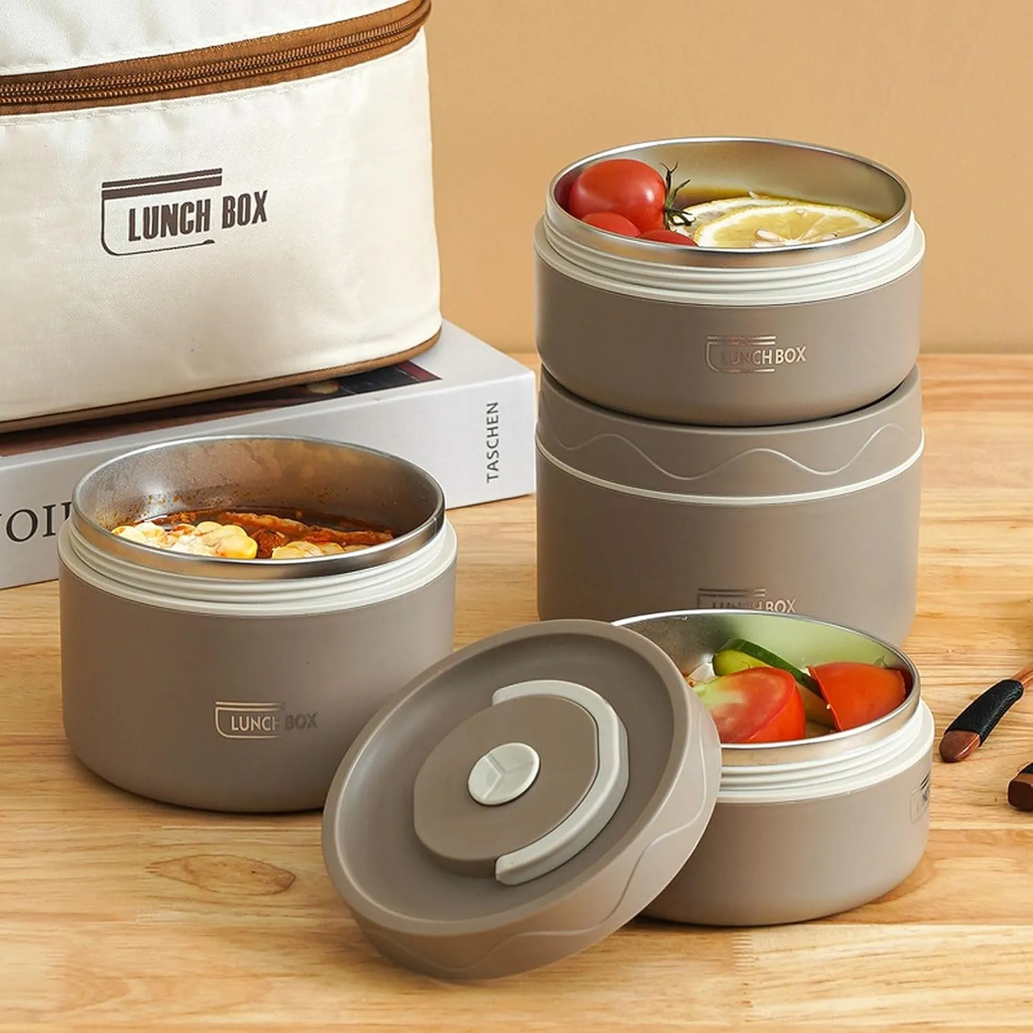 Vacuum Stainless Steel Leak Proof and Insulated Stainless Steel Three-Layer Lunch/Snack Box (with Insulation Bag), Suitable for Bringing Food to Office, Picnics (Grey, 70oz)