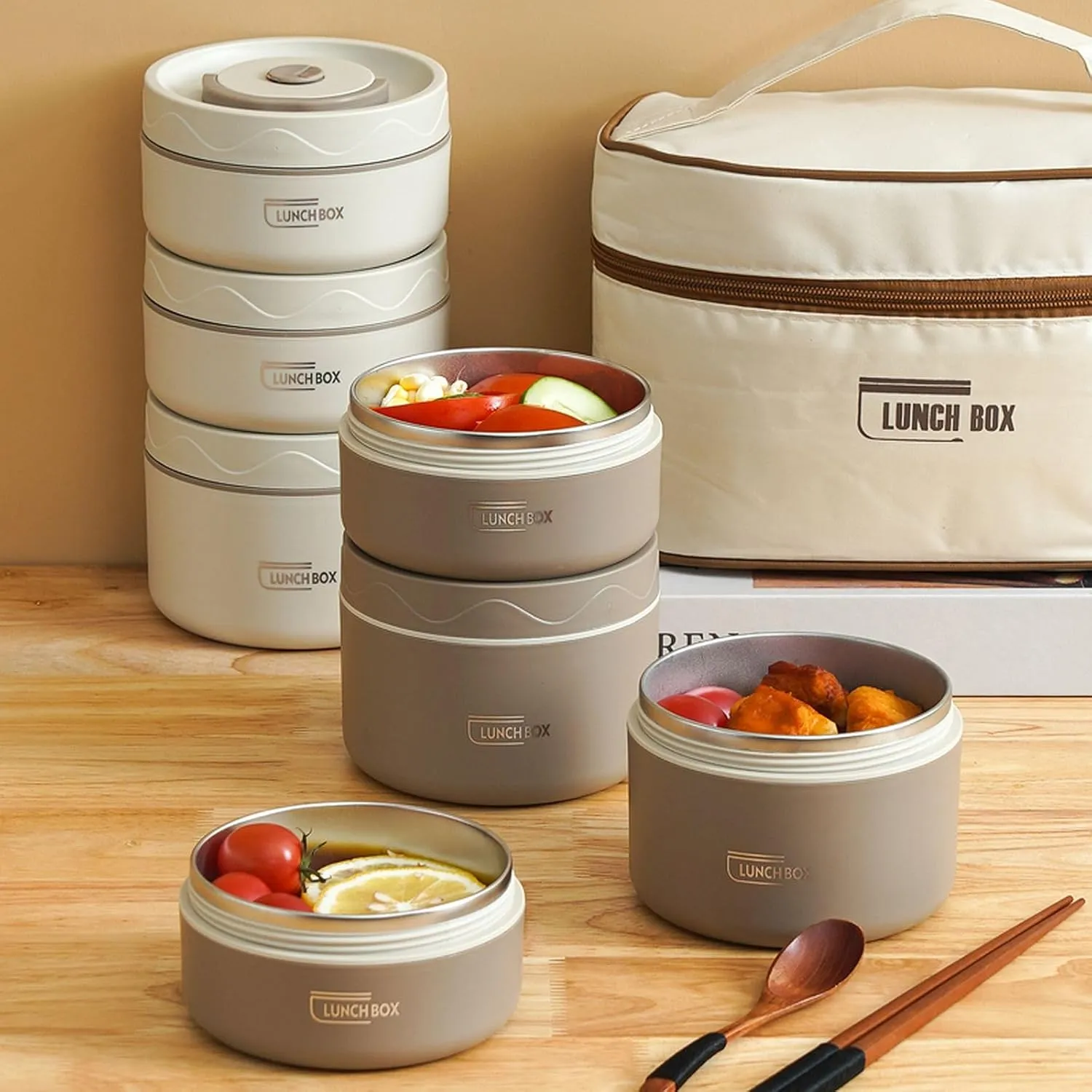 Vacuum Stainless Steel Leak Proof and Insulated Stainless Steel Three-Layer Lunch/Snack Box (with Insulation Bag), Suitable for Bringing Food to Office, Picnics (Grey, 70oz)