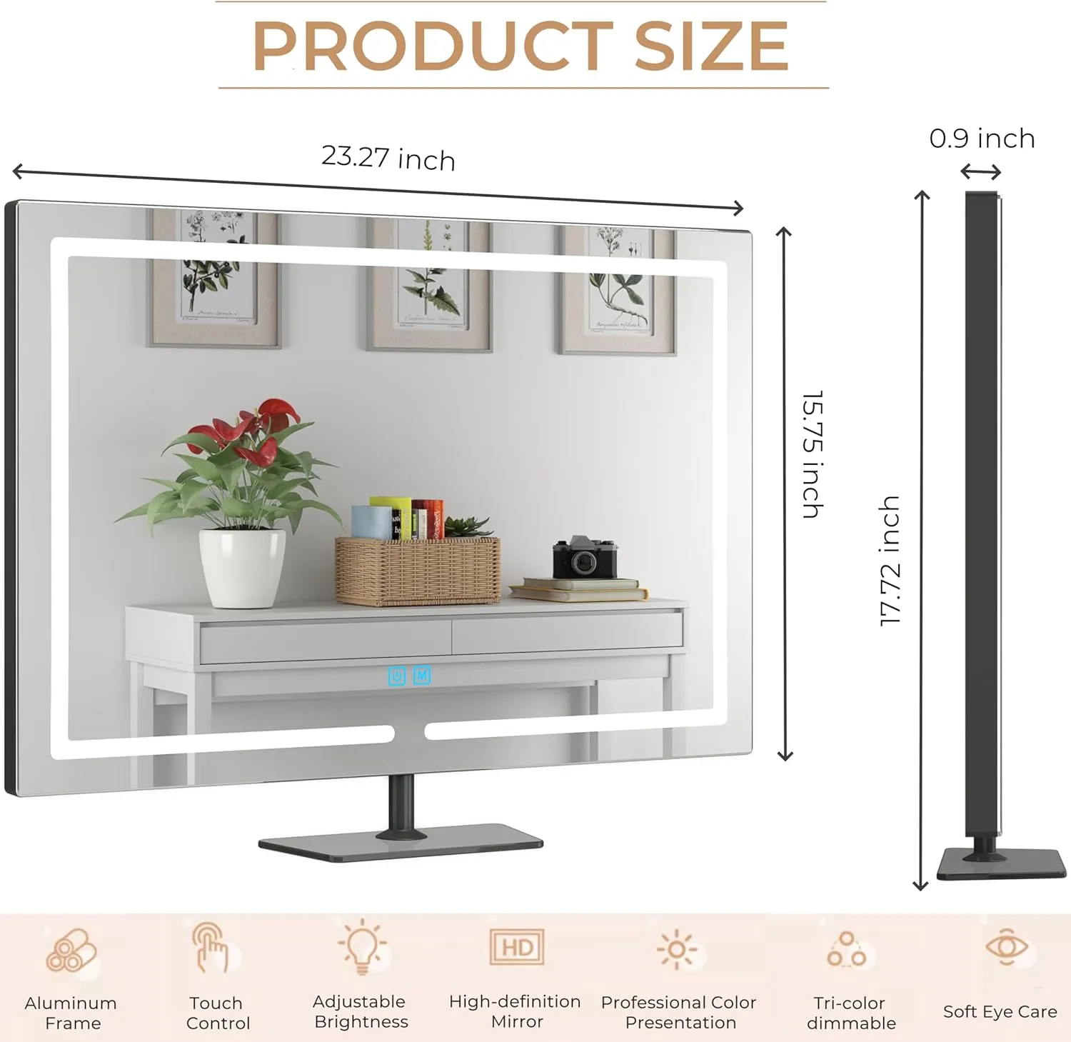Vanity Mirror with Lights, 23.27 x 17.7 Inch LED Makeup Mirror, Lighted Makeup Mirror with Dimmable 3 Modes, Smart Touch Control, Aluminum Frame and Tempered Glass Base, Dark Gray