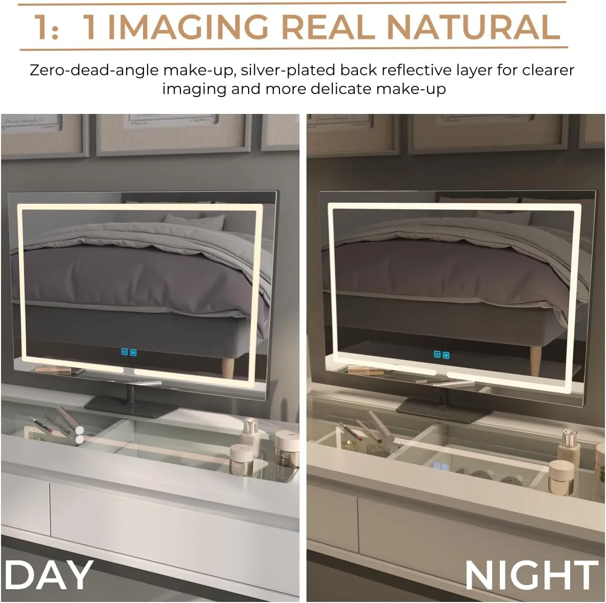 Vanity Mirror with Lights, 23.27 x 17.7 Inch LED Makeup Mirror, Lighted Makeup Mirror with Dimmable 3 Modes, Smart Touch Control, Aluminum Frame and Tempered Glass Base, Dark Gray