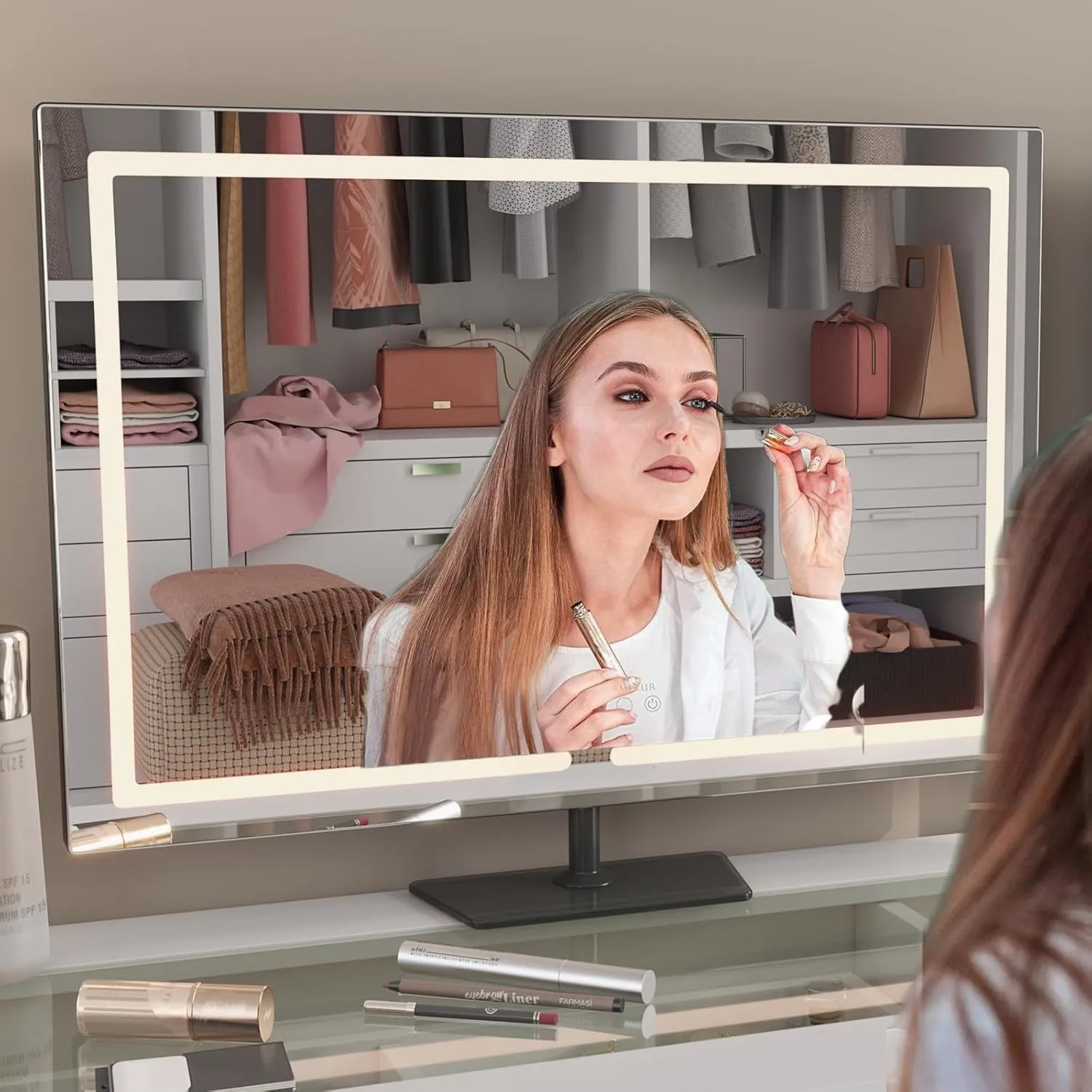 Vanity Mirror with Lights, 23.27 x 17.7 Inch LED Makeup Mirror, Lighted Makeup Mirror with Dimmable 3 Modes, Smart Touch Control, Aluminum Frame and Tempered Glass Base, Dark Gray