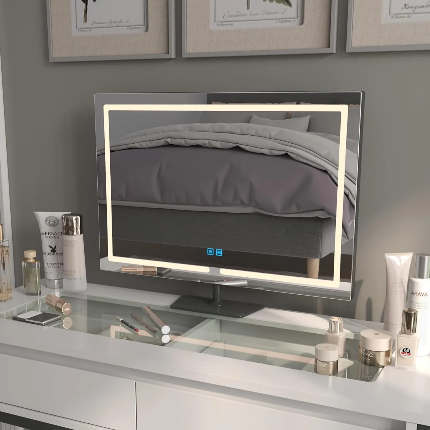 Vanity Mirror with Lights, 23.27 x 17.7 Inch LED Makeup Mirror, Lighted Makeup Mirror with Dimmable 3 Modes, Smart Touch Control, Aluminum Frame and Tempered Glass Base, Dark Gray