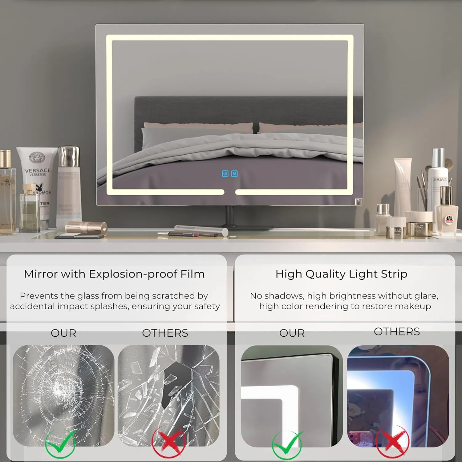 Vanity Mirror with Lights, 23.27 x 17.7 Inch LED Makeup Mirror, Lighted Makeup Mirror with Dimmable 3 Modes, Smart Touch Control, Aluminum Frame and Tempered Glass Base, Dark Gray