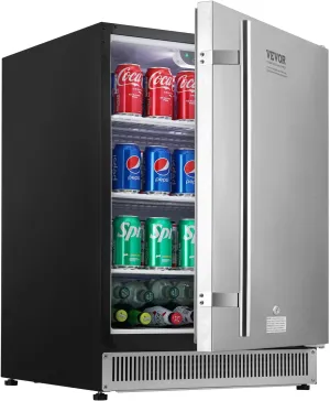 VEVOR Outdoor Refrigerator, 24-inch Undercounter Fridge, 185QT/175 Cans Built-in Beverage Cooler with 304 Stainless Steel Reversible Door, for Home Kitchen Commercial Use, Black