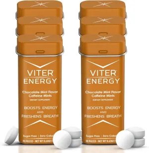 Viter Energy Caffeinated Mints 40mg Caffeine, B Vitamins, Sugar Free. (Chocolate Mint, 20pcs, 6 Pack)