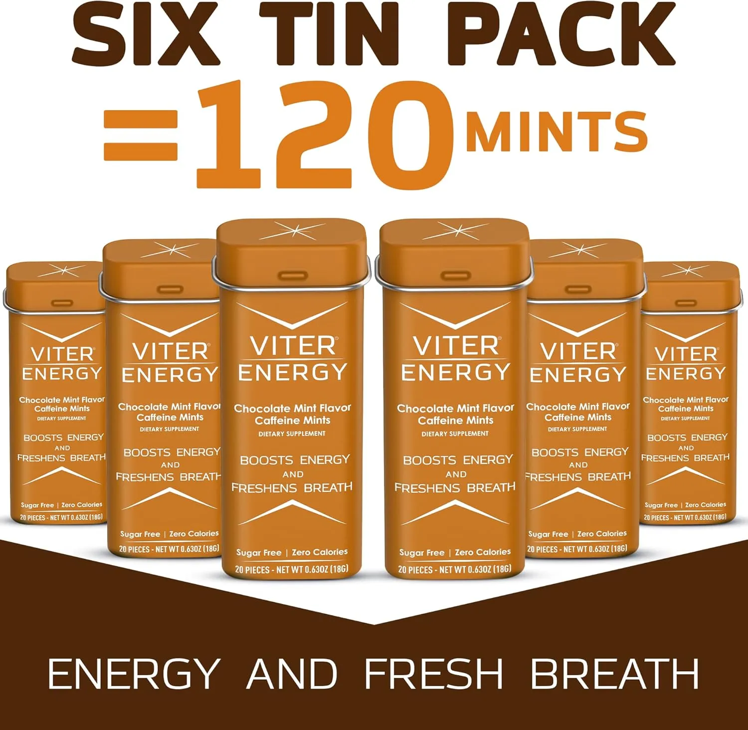 Viter Energy Caffeinated Mints 40mg Caffeine, B Vitamins, Sugar Free. (Chocolate Mint, 20pcs, 6 Pack)