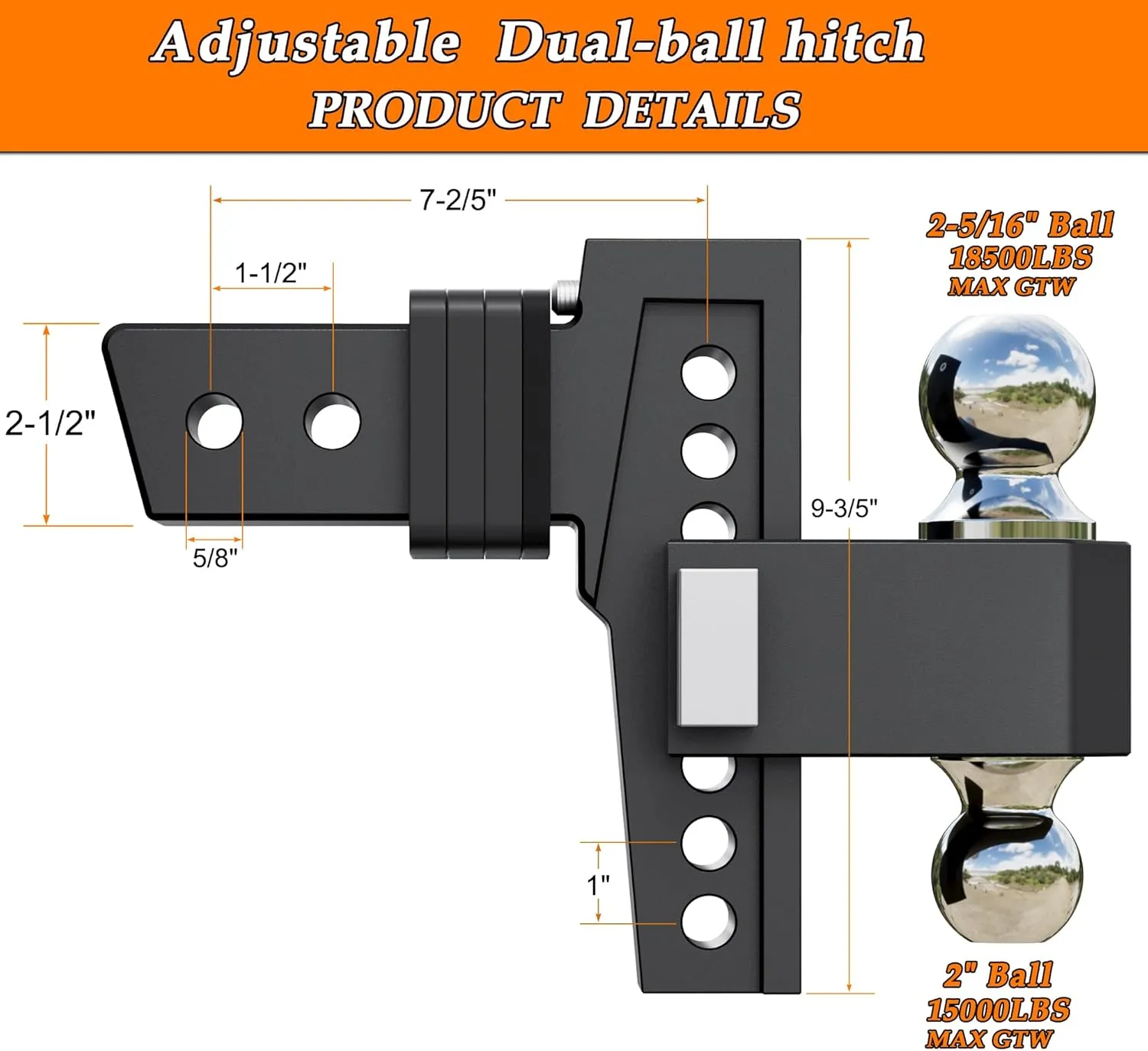 VNN Drop Hitch 2.5 Inch Receiver, Dual-Ball(2'', 2-5/16''), Fits 2.5 Hitch Receiver, 6 Inch Drop Hitch, 18,500 LBS GTW-Drop Hitch for Trucks, Heavy Duty Solid Ball Mount, Black, VN0006
