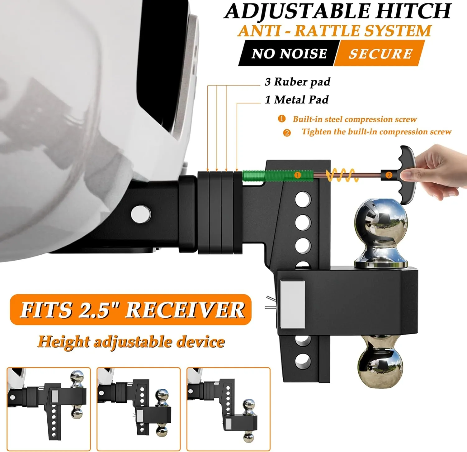 VNN Drop Hitch 2.5 Inch Receiver, Dual-Ball(2'', 2-5/16''), Fits 2.5 Hitch Receiver, 6 Inch Drop Hitch, 18,500 LBS GTW-Drop Hitch for Trucks, Heavy Duty Solid Ball Mount, Black, VN0006