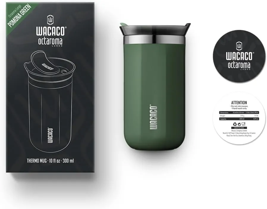 WACACO Octaroma Lungo Vacuum Insulated Coffee Mug, Double-wall Stainless Steel Travel Tumbler With Drinking Lid, 10 fl oz(300ml)， Pomona Green