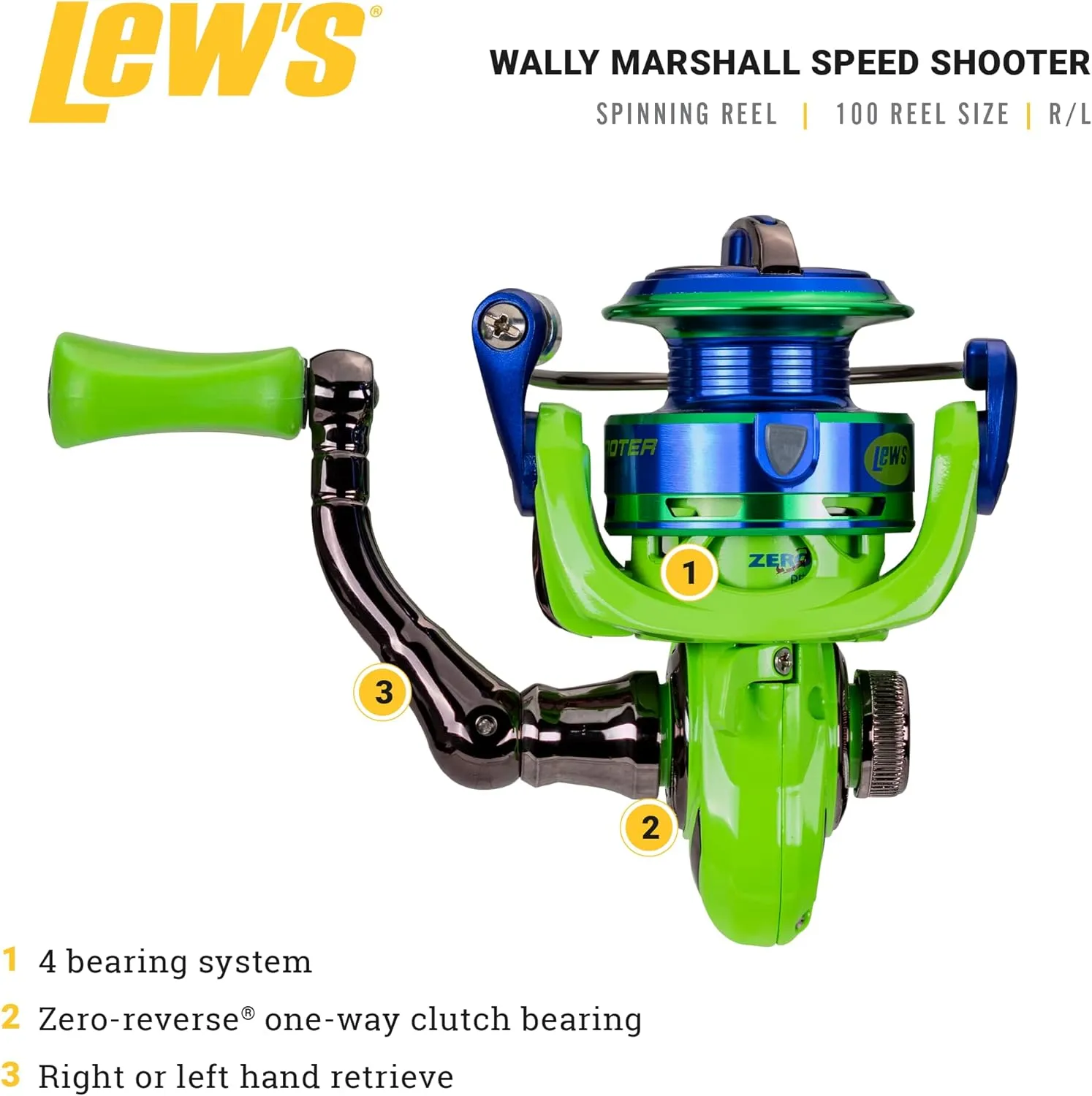 Wally Marshall Speed Shooter Spinning Reel, Right or Left-Hand Retrieve, One-Piece Graphite Frame with Graphite Sideplate, Green/Blue