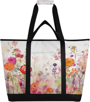 Watercolor Floral Reusable Insulated Lunchbox Cooler Bag, Leakproof Kitchen Grocery Bag Collapsible Portable Cooler Tote Bag for Picnic, Camping, Office, Travel